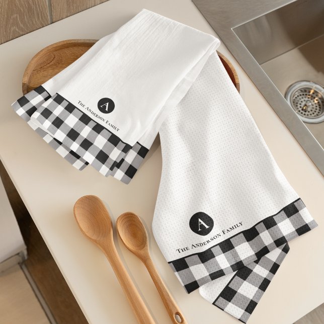 Classic Buffalo Plaid Initial Family Name Kitchen  Tea Towel (Creator Uploaded)