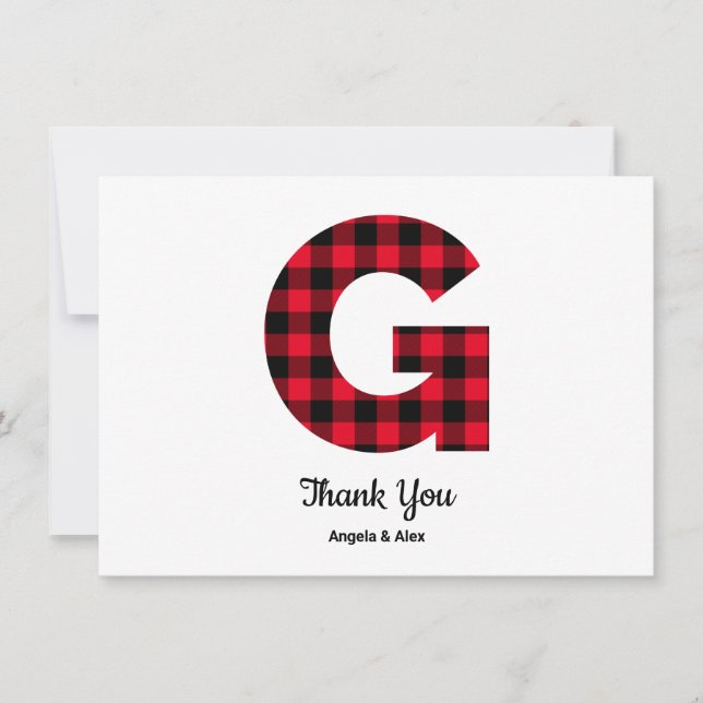 Classic Buffalo Plaid Letter G Wedding Monogram Thank You Card (Front)