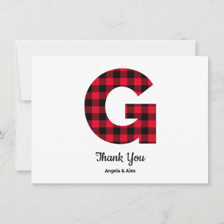 Classic Buffalo Plaid Letter G Wedding Monogram Thank You Card