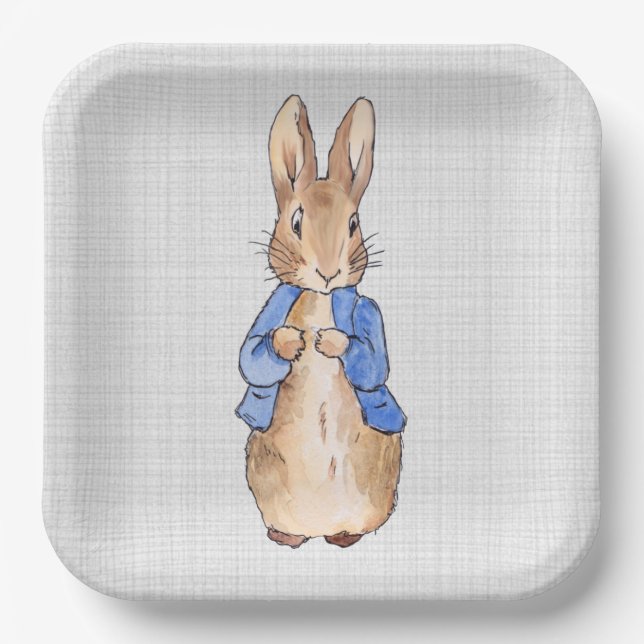 Classic bunny rabbit gray linen background paper plate (Front)