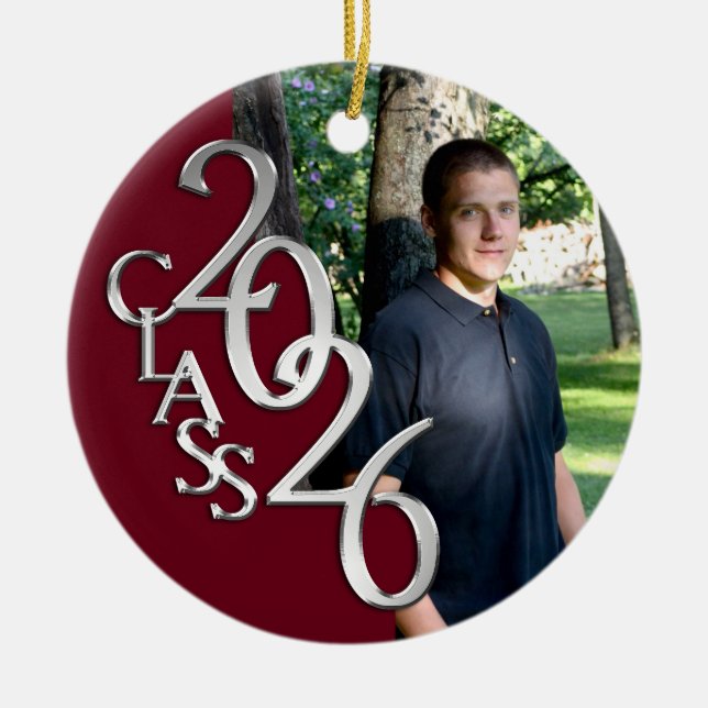 Classic Burgundy 2026 Graduate Photo Ceramic Tree Decoration (Front)