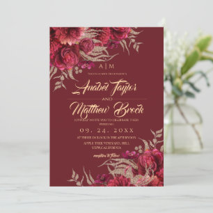 Classic Burgundy and Black Gold Floral Wedding  Invitation