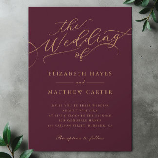 Classic Burgundy and Gold Script Wedding Invitation