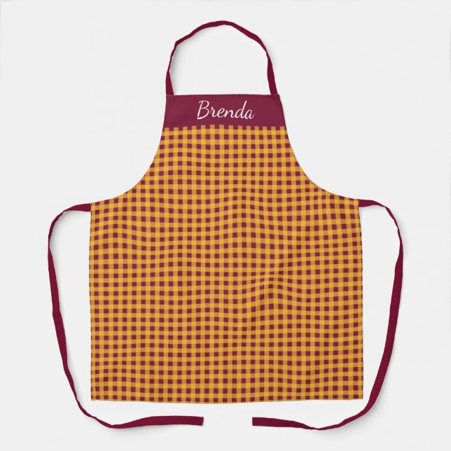 Classic Burgundy and Yellow Custom Name Apron (Front)
