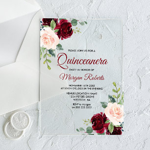 Classic Burgundy & Blush Floral Quinceanera Acrylic Invitations