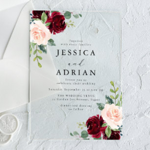 Classic Burgundy & Blush Floral Watercolor Wedding Acrylic Invitations