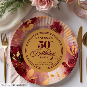 Classic Burgundy Blush Gold Flowers 50th Birthday  Paper Plate