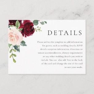 Classic Burgundy & Blush Wedding Details Enclosure Card