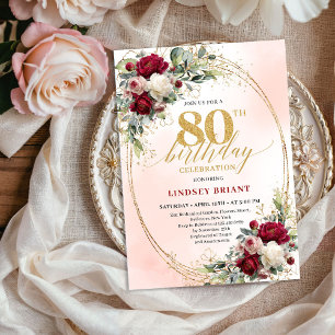 Classic Burgundy Boho Floral 80th Birthday Invite