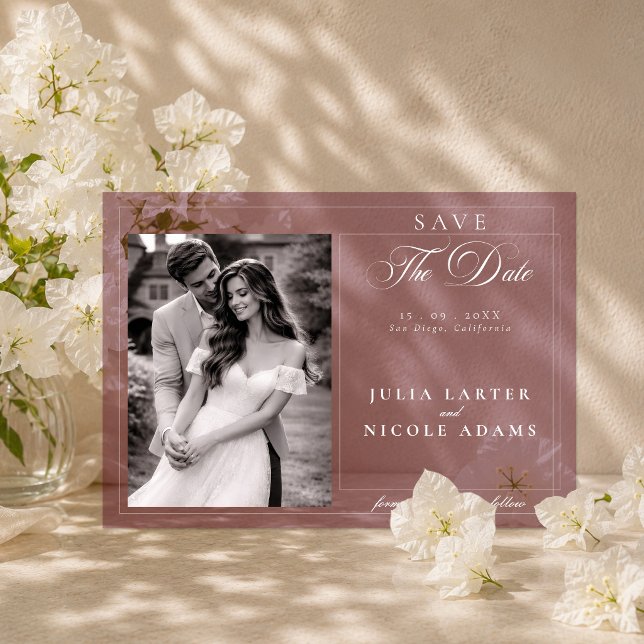 Classic Burgundy Calligraphy Photo Save The Date Acrylic Invitations (Creator Uploaded)