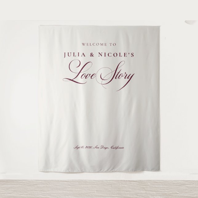 Classic Burgundy Calligraphy Wedding Backdrops Tapestry (Front)