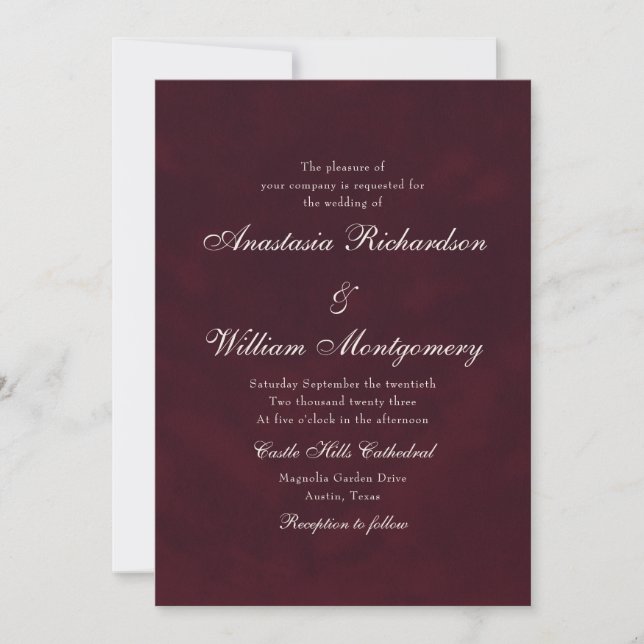 Classic Burgundy Deep Traditional Script Wedding Invitation (Front)