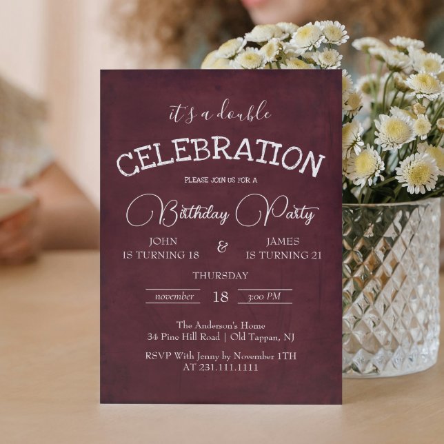 Classic Burgundy Double Birthday Party  Invitation (Creator Uploaded)