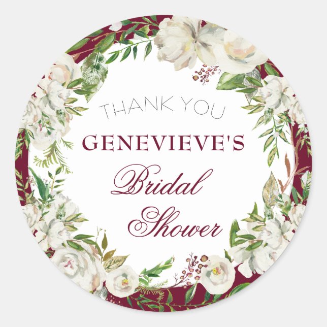 Classic Burgundy Floral Gold Bridal Shower Thanks Classic Round Sticker (Front)