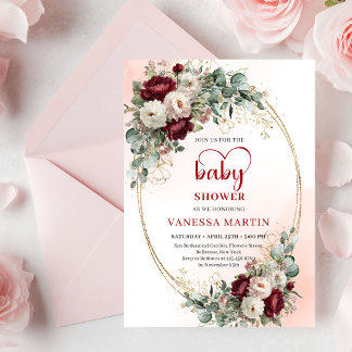 Classic Burgundy Flowers Gold Baby Shower Invite