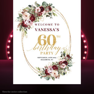 Classic Burgundy Gold Floral 60th Birthday Banner Tapestry