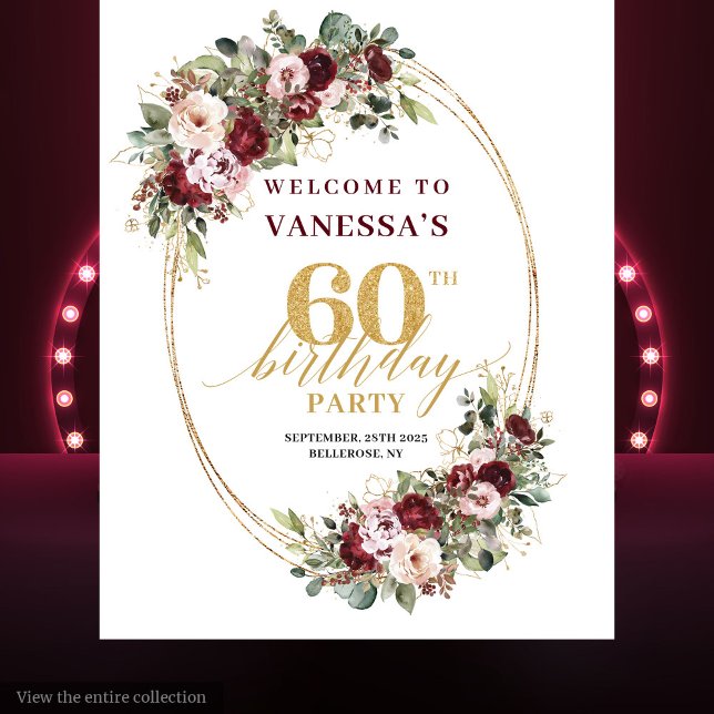 Classic Burgundy Gold Floral 60th Birthday Banner Tapestry (Classic Burgundy Gold Floral 60th Birthday Banner)