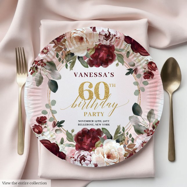 Classic Burgundy Gold Floral Boho 60th Birthday  Paper Plate (Classic Burgundy Gold Floral Boho 60th Birthday Plates)