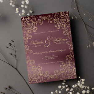 Classic burgundy gold floral ornament wedding invitation