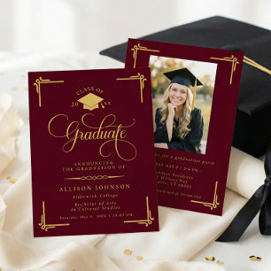 Classic Burgundy Gold Photo Graduation Invitation
