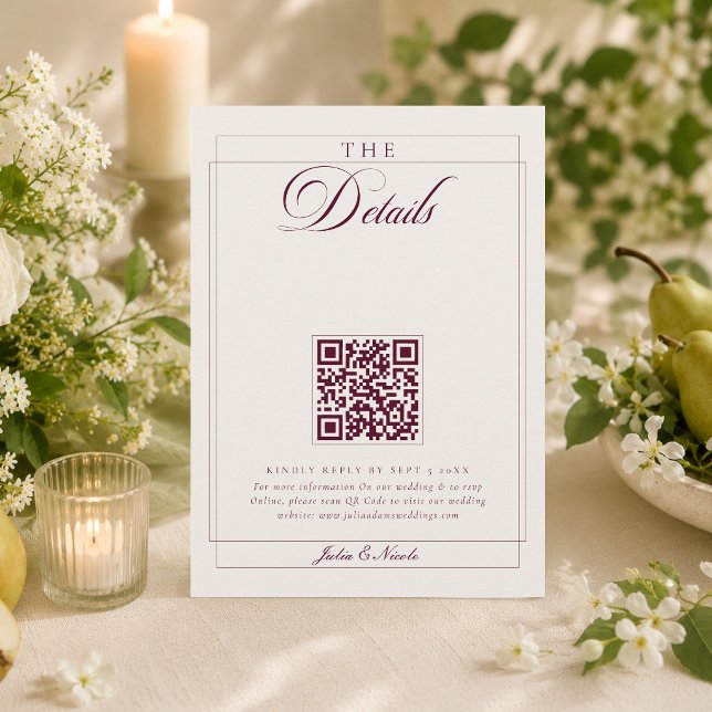 Classic Burgundy Ivory Calligraphy QR Code Details Enclosure Card (Creator Uploaded)