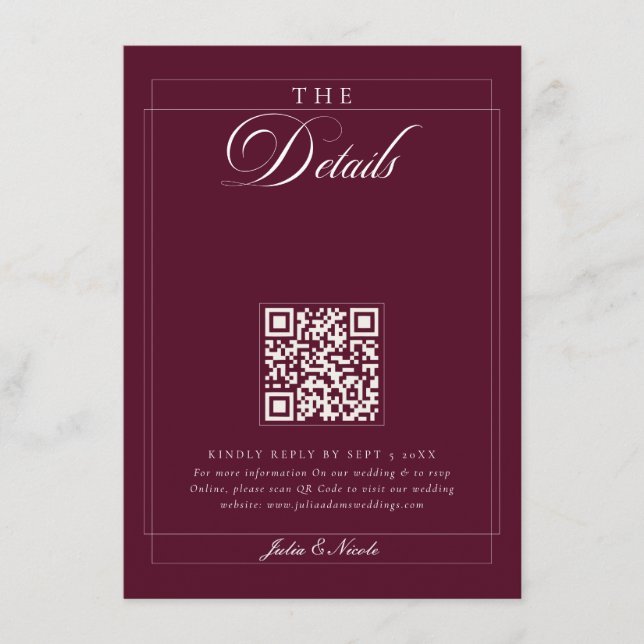 Classic Burgundy Ivory Calligraphy QR Code Details Enclosure Card (Front)