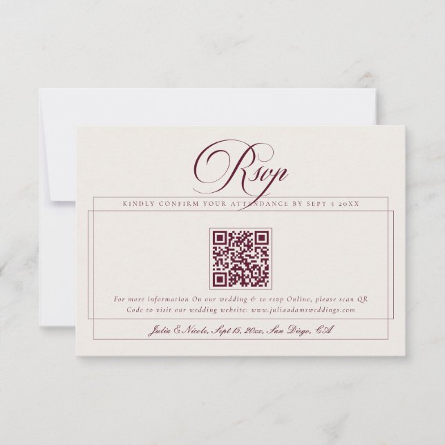 Classic Burgundy Ivory Calligraphy QR Code Wedding RSVP Card (Front)