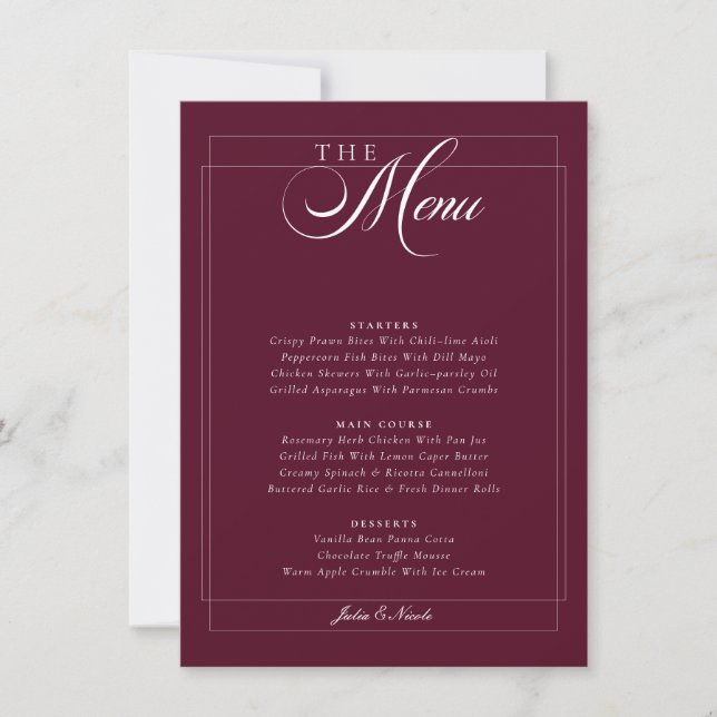 Classic Burgundy Ivory Calligraphy Wedding Menu Invitation (Front)