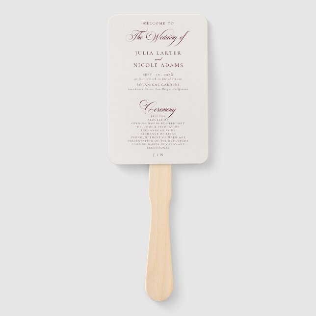 Classic Burgundy Ivory Calligraphy Wedding Program Hand Fan (Front)