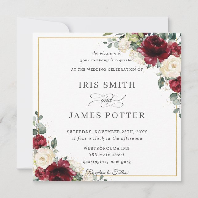 Classic Burgundy Ivory Floral Gold Wedding Square Invitation (Front)