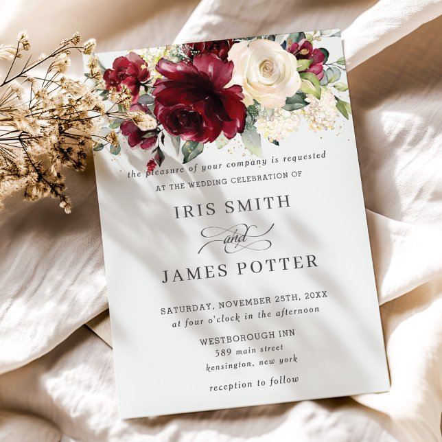 Classic Burgundy Ivory Floral Wedding Invitation (elegant rustic burgundy ivory white floral wedding invitation cards printed digital download )
