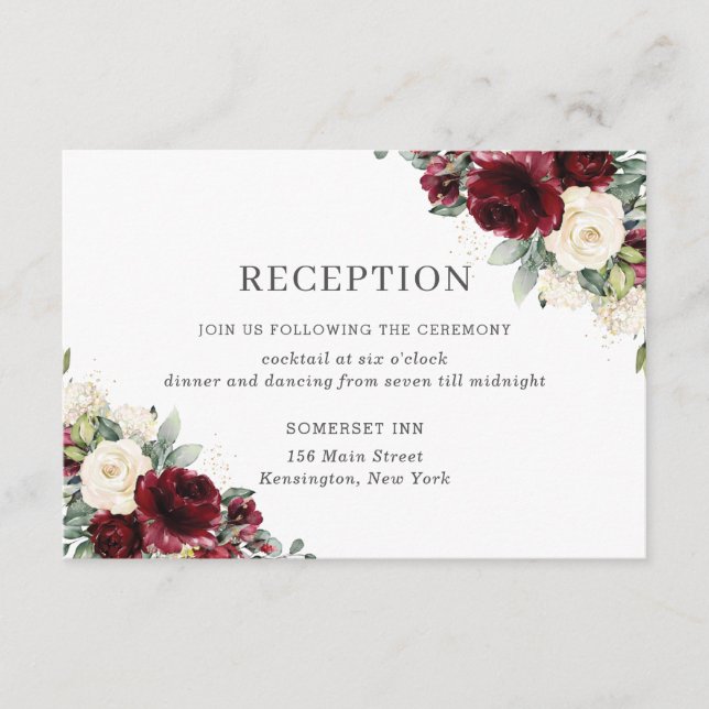 Classic Burgundy Ivory Floral Wedding Reception Enclosure Card (Front)