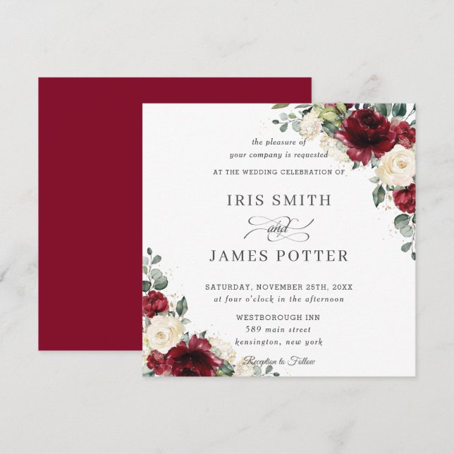 Classic Burgundy Ivory Floral Wedding Square Invitation (Front/Back)