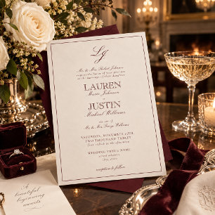 Classic Burgundy Ivory Script Monogram Wedding Invitation