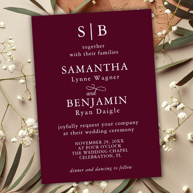 Classic Burgundy Monogram Initials Wedding Invitation (Creator Uploaded)