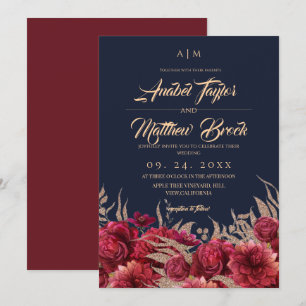 Classic Burgundy Navy Blue Gold Floral Wedding  Invitation