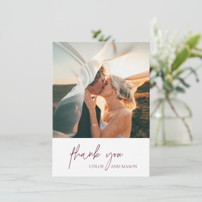 Classic Burgundy Photo Elegant Wedding Thank You Card (Standing Front)