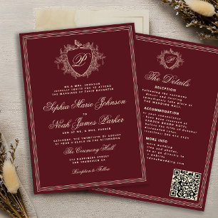 Classic burgundy QR code formal monogram wedding  Invitation
