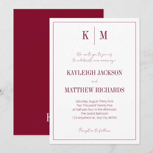 Classic Burgundy Red Monogram Elegant Wedding  Invitation (Front/Back)