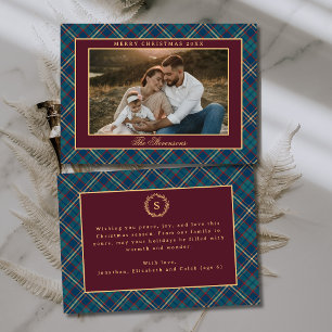 Classic Burgundy Red Plaid Crest Photo Christmas Holiday Card