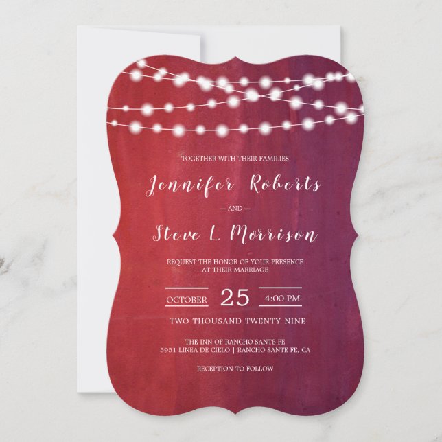 Classic Burgundy Red String Lights Wedding Invitation (Front)