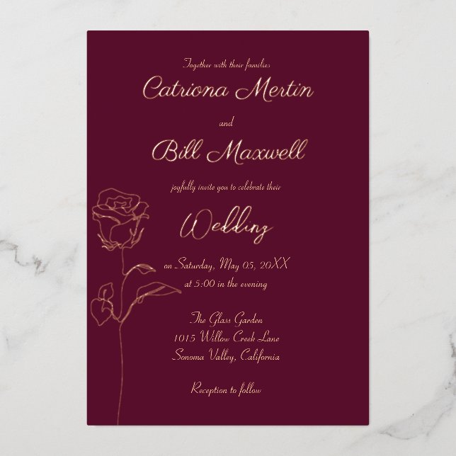 Classic Burgundy & Rose Foil Wedding Invitation (Front)