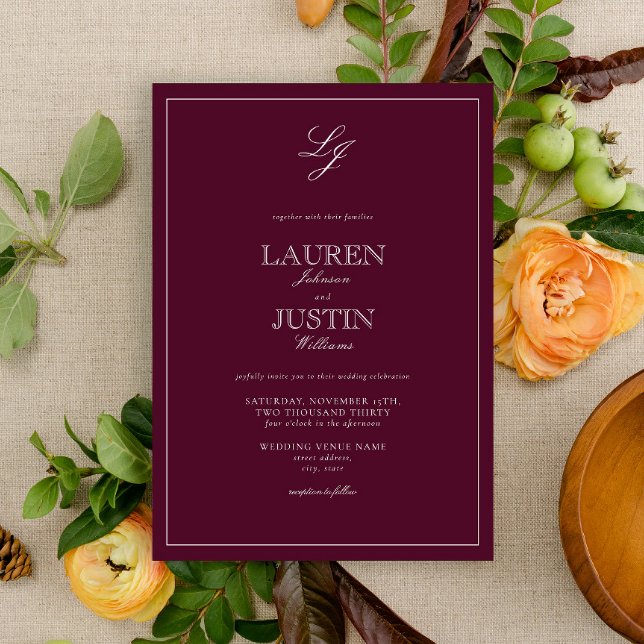 Classic Burgundy Script Monogram Wedding Invitation (Creator Uploaded)