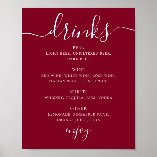 Classic Burgundy Script Wedding Bar Drink Menu Poster (Front)