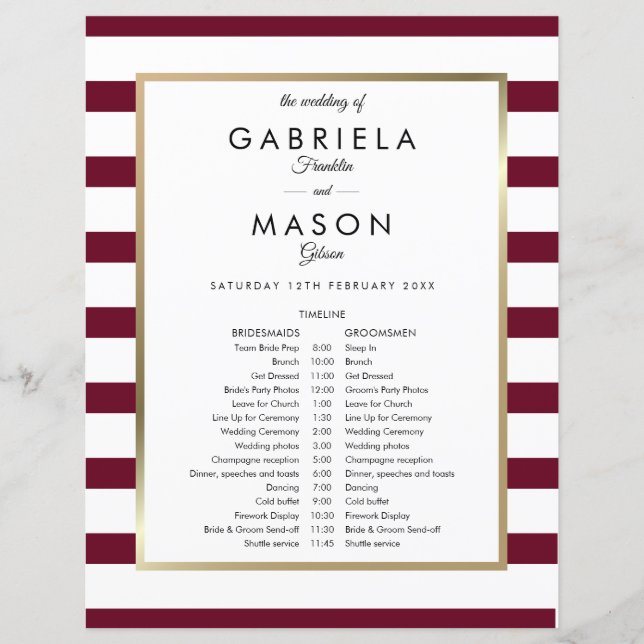 Classic Burgundy Stripe Wedding Schedule Timeline (Front)