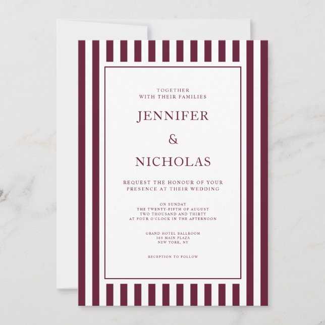 Classic Burgundy Stripes Wedding Invitation (Front)