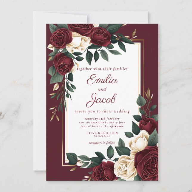 Classic Burgundy White Rose Floral Gold Wedding  I Invitation (Front)