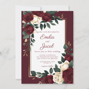 Classic Burgundy White Rose Floral Gold Wedding  I Invitation