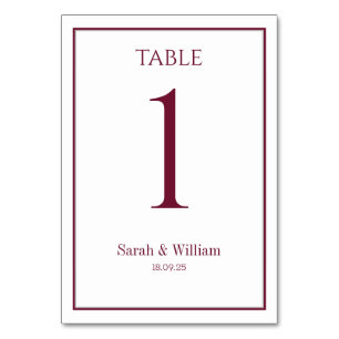 Classic Burgundy White Wedding Table Number Card