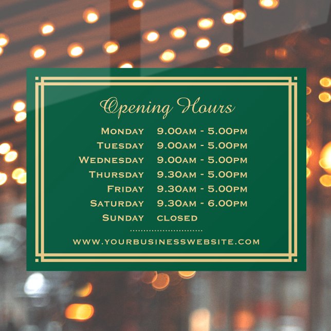  Classic Business Opening Hours Green Gold Window Cling (Creator Uploaded)